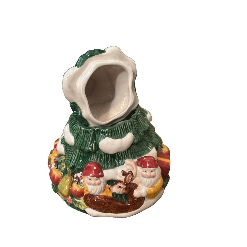 Vtg Christmas Tree Cookie Jar Gnome Deer Ceramic Presents Snow 11” Elements - Picture 2 of 7
